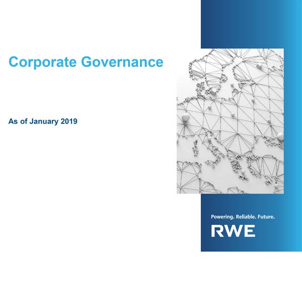 Titelseite eines Dokuments zur Corporate Governance mit einem Netzwerkdesign und RWE-Branding, datiert Januar 2019.
