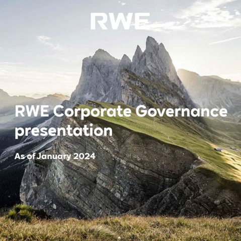 Präsentation zur Unternehmensführung von RWE, Januar 2024, mit einer Berglandschaft im Hintergrund.