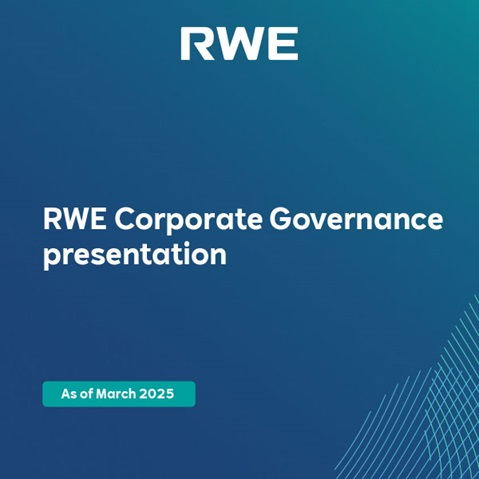 Präsentationsfolie zur Unternehmensführung von RWE, mit dem RWE-Logo und dem Datum März 2025 auf einem Farbverlauf-Hintergrund.