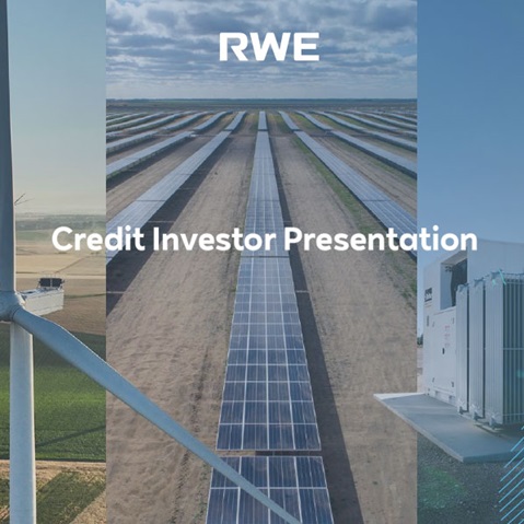 Ein Windrad neben Solarpanelen in einer ländlichen Umgebung, mit dem Text 'Credit Investor Presentation' in der Mitte.