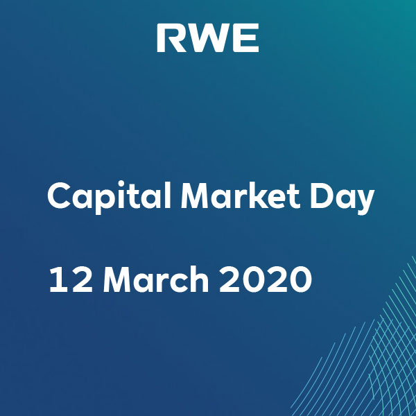 RWE Logo mit der Aufschrift 'Capital Market Day' und dem Datum '12. März 2020' auf einem grafisch gestalteten Hintergrund.