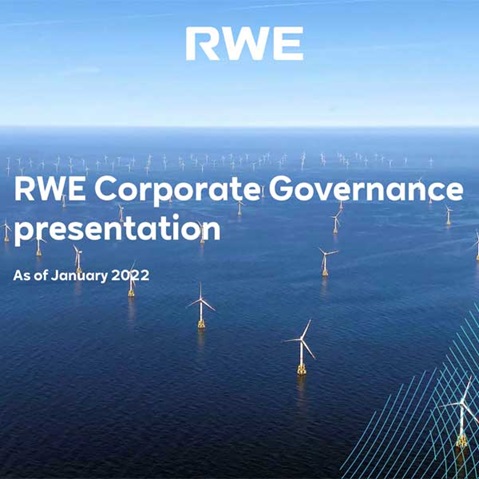 Aussicht auf eine Offshore-Windfarm mit vielen Windturbinen im Meer, präsentiert von RWE.