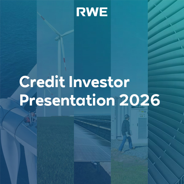White title "Credit Investor Presentation 2026" and "RWE" logo sit over teal vertical panels showing wind turbines, solar panels and an electrical cabinet.