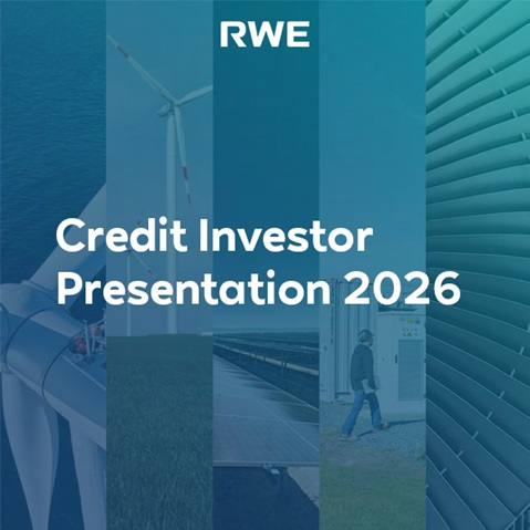 White title "Credit Investor Presentation 2026" and "RWE" logo sit over teal vertical panels showing wind turbines, solar panels and an electrical cabinet.