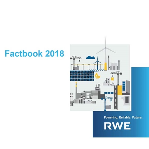 An illustration for RWE Factbook 2018 showing renewable energy sources and industrial structures.