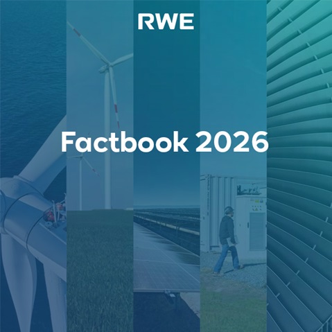RWE" logo above bold white "Factbook 2026" on vertical teal and blue panels depicting wind turbines, solar panels, a technician, and metal louvers.