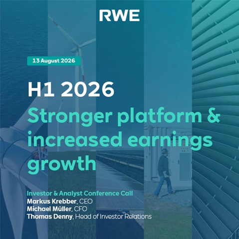 White "RWE" logo above a teal slide showing "H1 2026" and headline "Stronger platform & increased earnings growth" with wind turbine imagery.