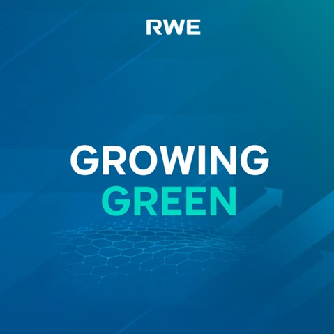 Das Bild zeigt den Text 'GROWING GREEN' in einer modernen Schrift auf einem blauen Hintergrund mit grafischen Elementen.