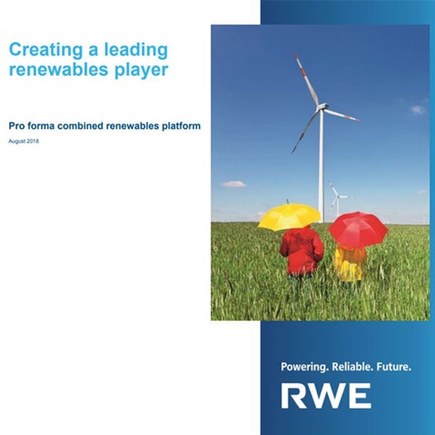 Two people with umbrellas in a field, wind turbines in the background, green grass under a blue sky.