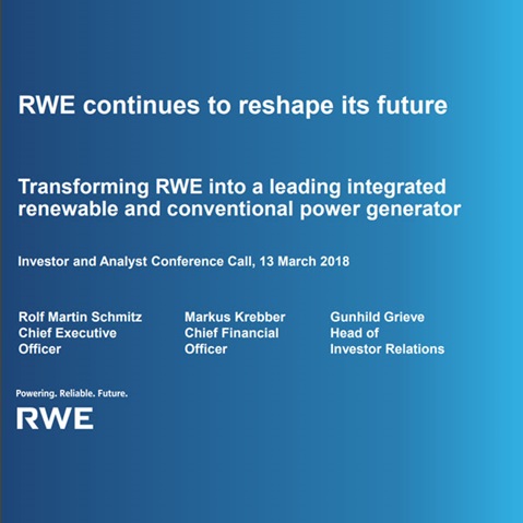 RWE presentation slide highlighting transformation into a leading power generator with executives' names and conference details.