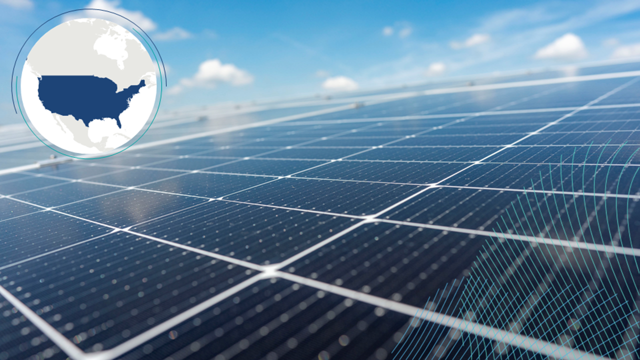 A solar panel with a blue sky in the background and a map of the USA in the top left corner.