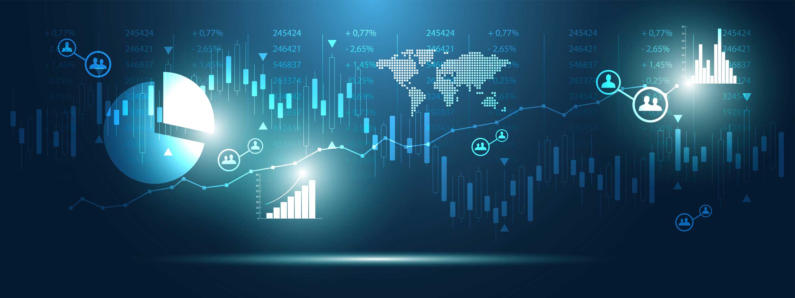 Charts and graphs on a blue background represent data analysis and statistics.