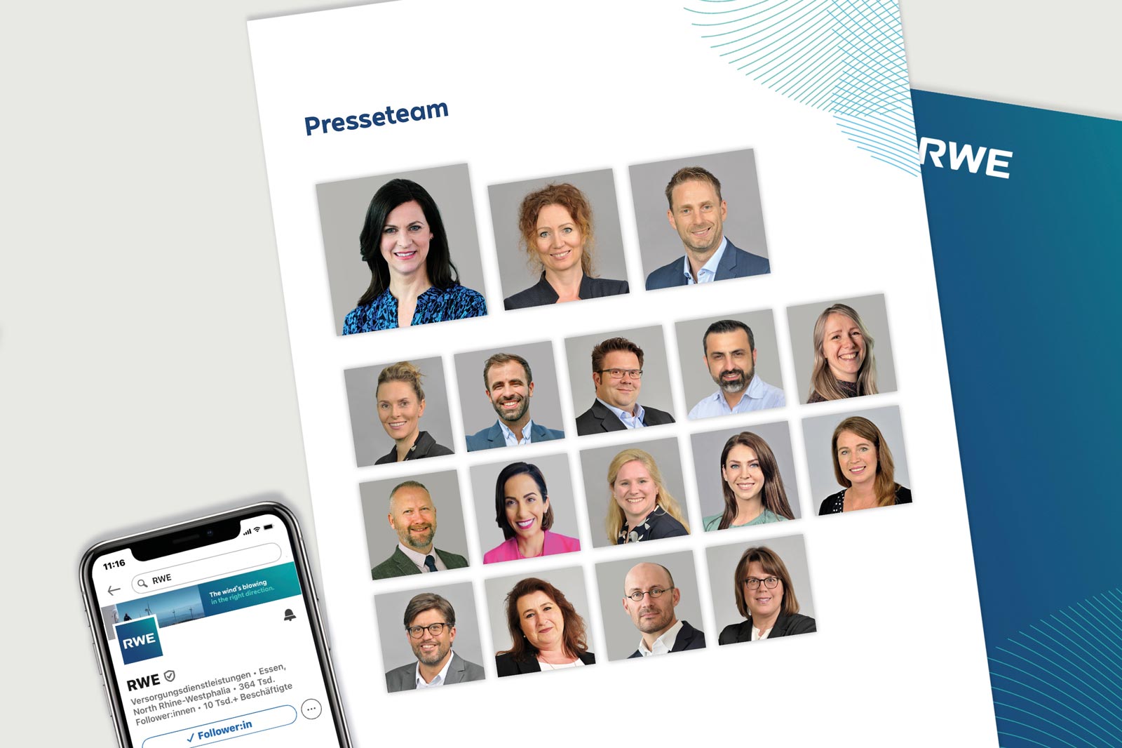 Das Pressteam von RWE in einer Übersicht mit Portraitbildern. Unten ein Smartphone mit Twitter-Profil von RWE.