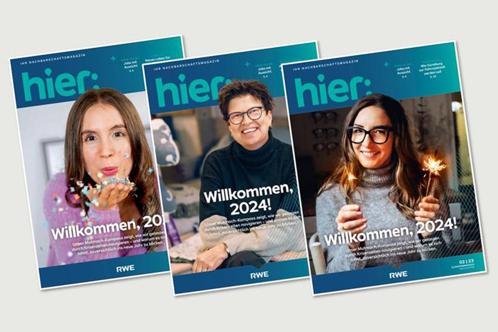 Drei Zeitschriftencover, die Feiern zeigen und den Text 'Willkommen, 2024!' in hellen Designs.