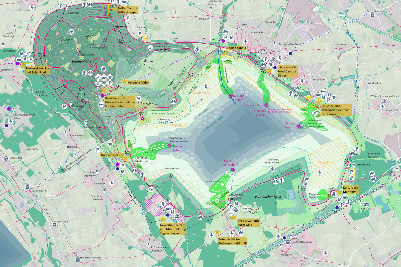 Eine detaillierte Karte des Neuland-Gebiets mit Wegen, Besucherzentren und Freizeitstätten.