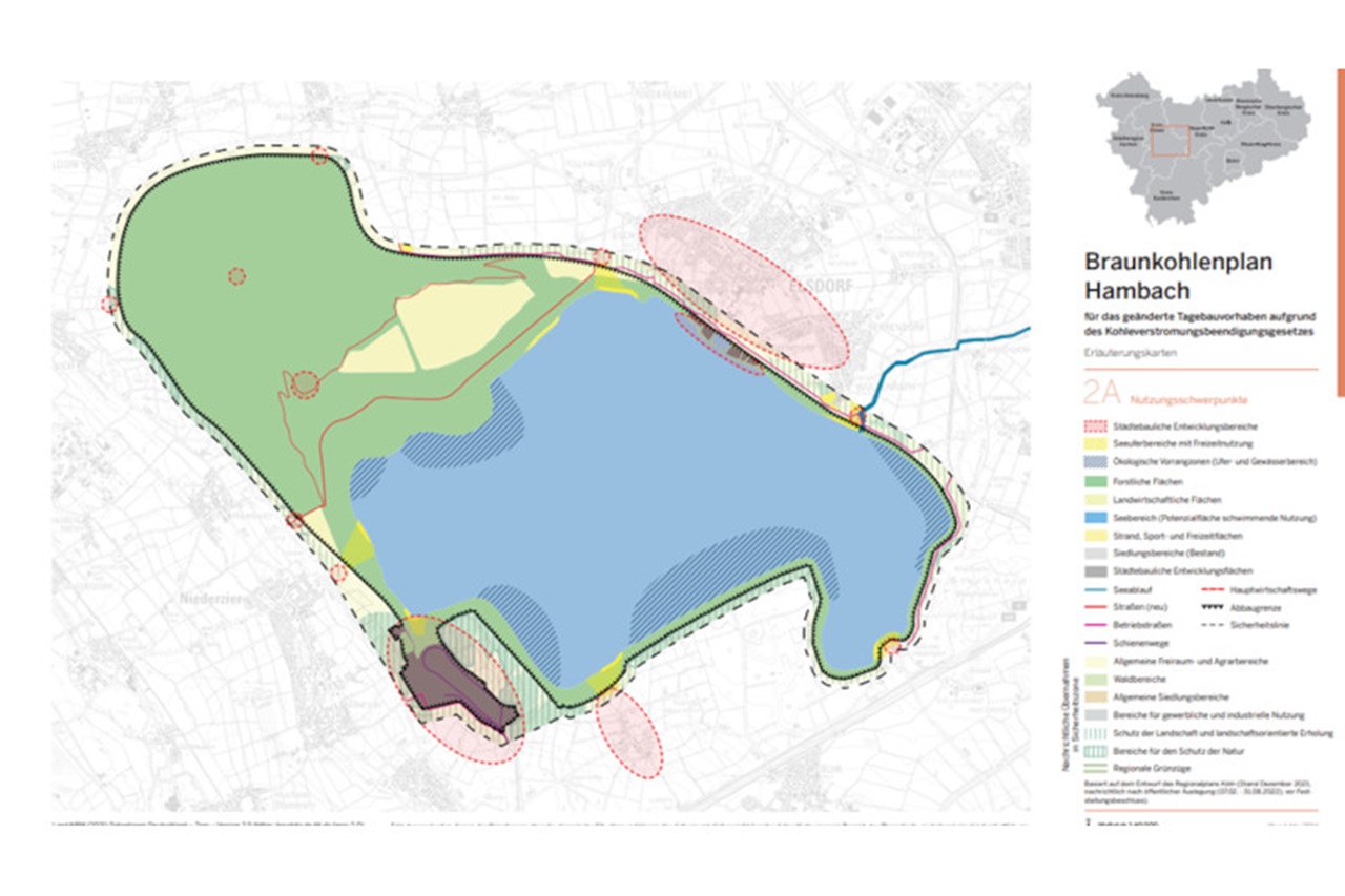 Eine detaillierte Karte des Braunkohlenplans Hambach, die die Flächennutzung und Umweltbereiche hervorhebt.