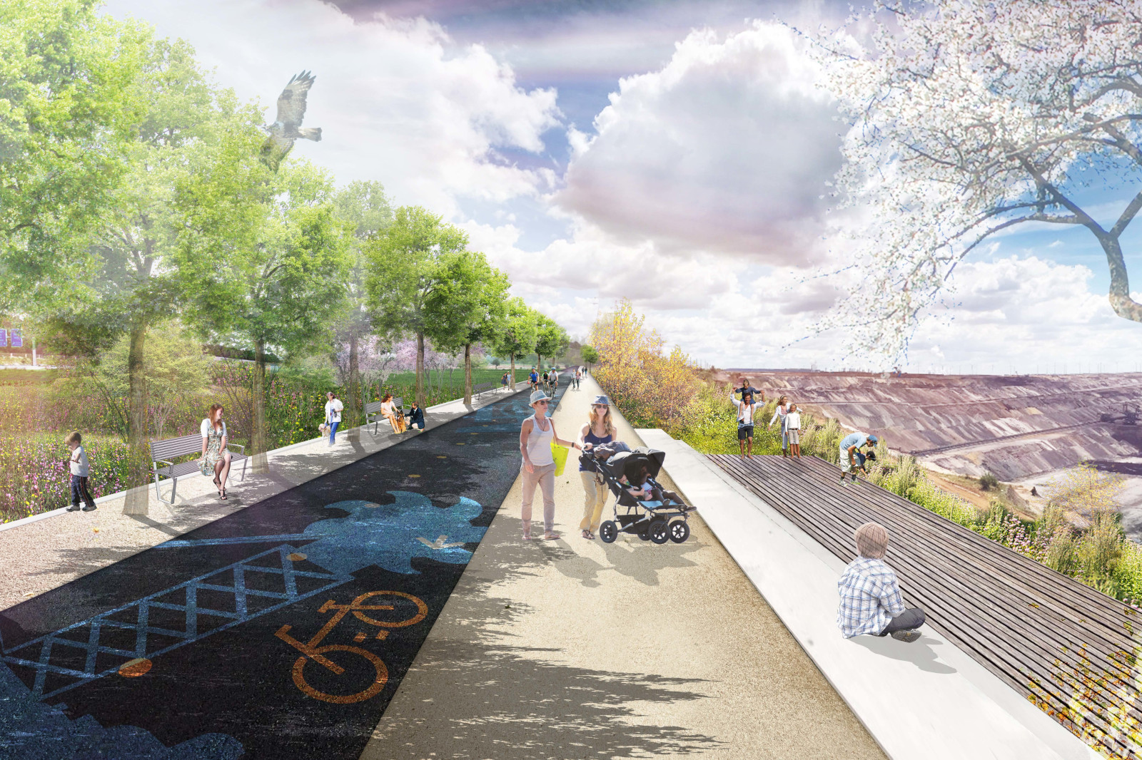 Ein malerischer Weg mit Bäumen, Fahrradwegen, Bänken und Menschen, die die Natur in der Nähe eines großen Steinbruchs genießen.