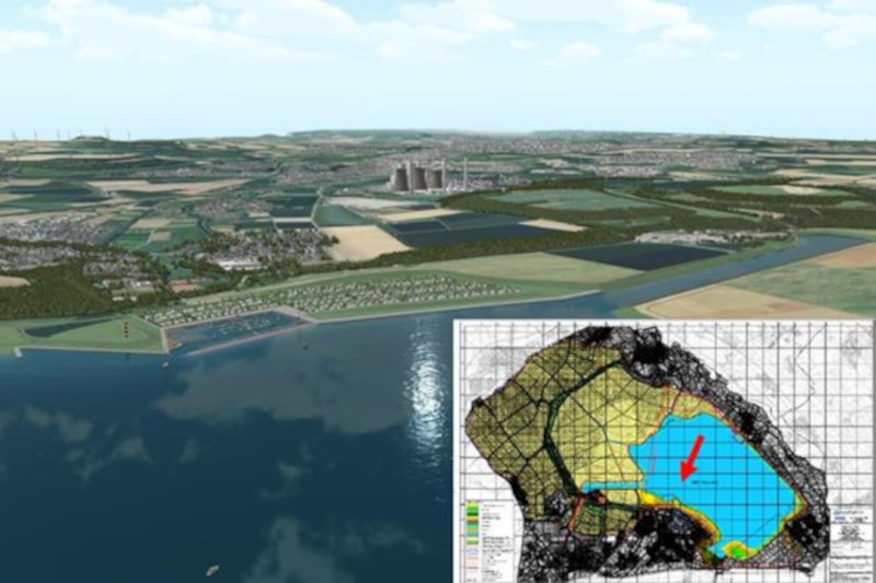 Luftaufnahme einer Landschaft mit Feldern, einem Fluss und Kraftwerken, ergänzt durch eine Kartenansicht, die einen Abschnitt hervorhebt.