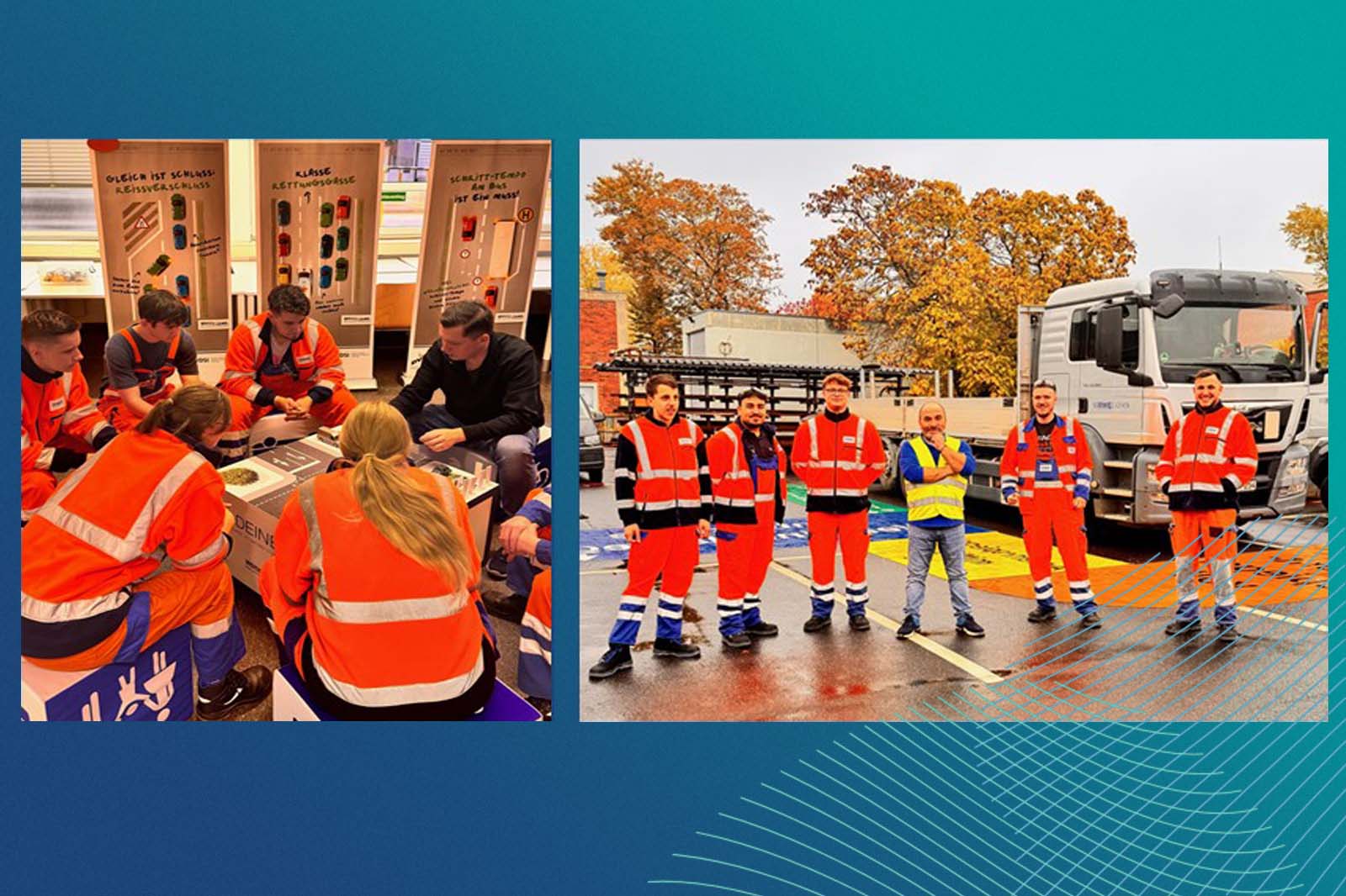 Notfallhelfer, die an Trainingsaktivitäten teilnehmen, während andere im hochsichtbaren Kleidung für ein Foto posieren.