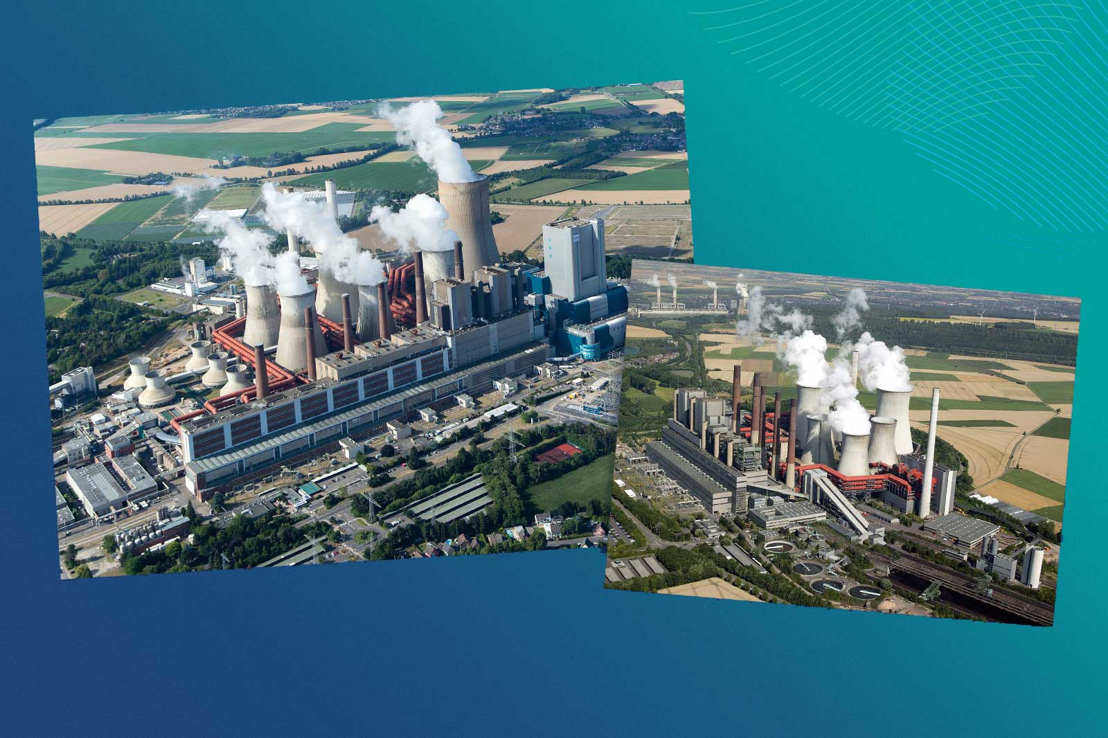 Eine Luftaufnahme von zwei Kraftwerken, mit Rauch, der aus Kühltürmen aufsteigt, umgeben von grünen Feldern und blauem Himmel.