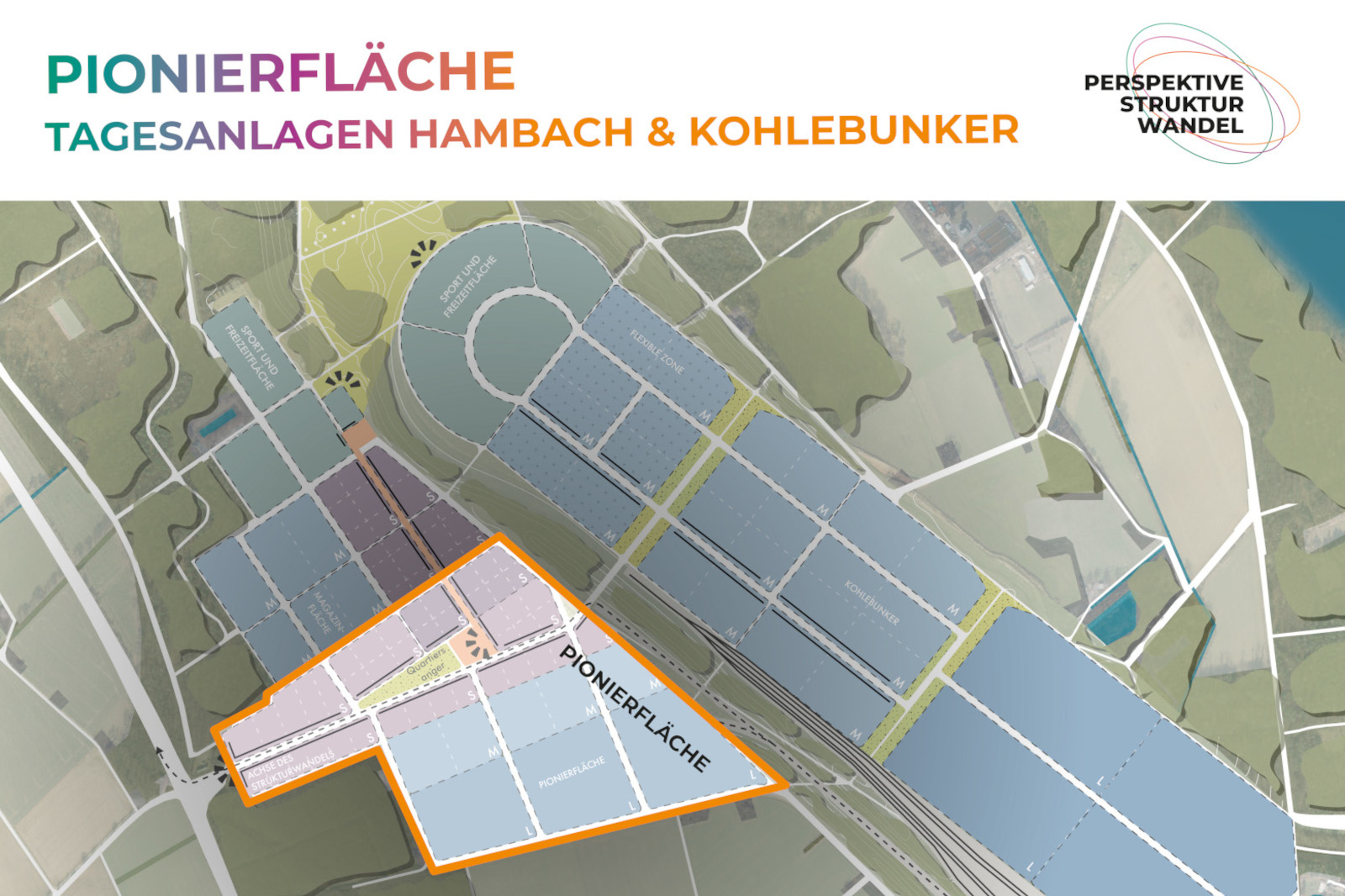 Eine detaillierte Übersicht des Pionierfläche-Geländes mit Bereichen, die für Sport- und Freizeitaktivitäten vorgesehen sind.