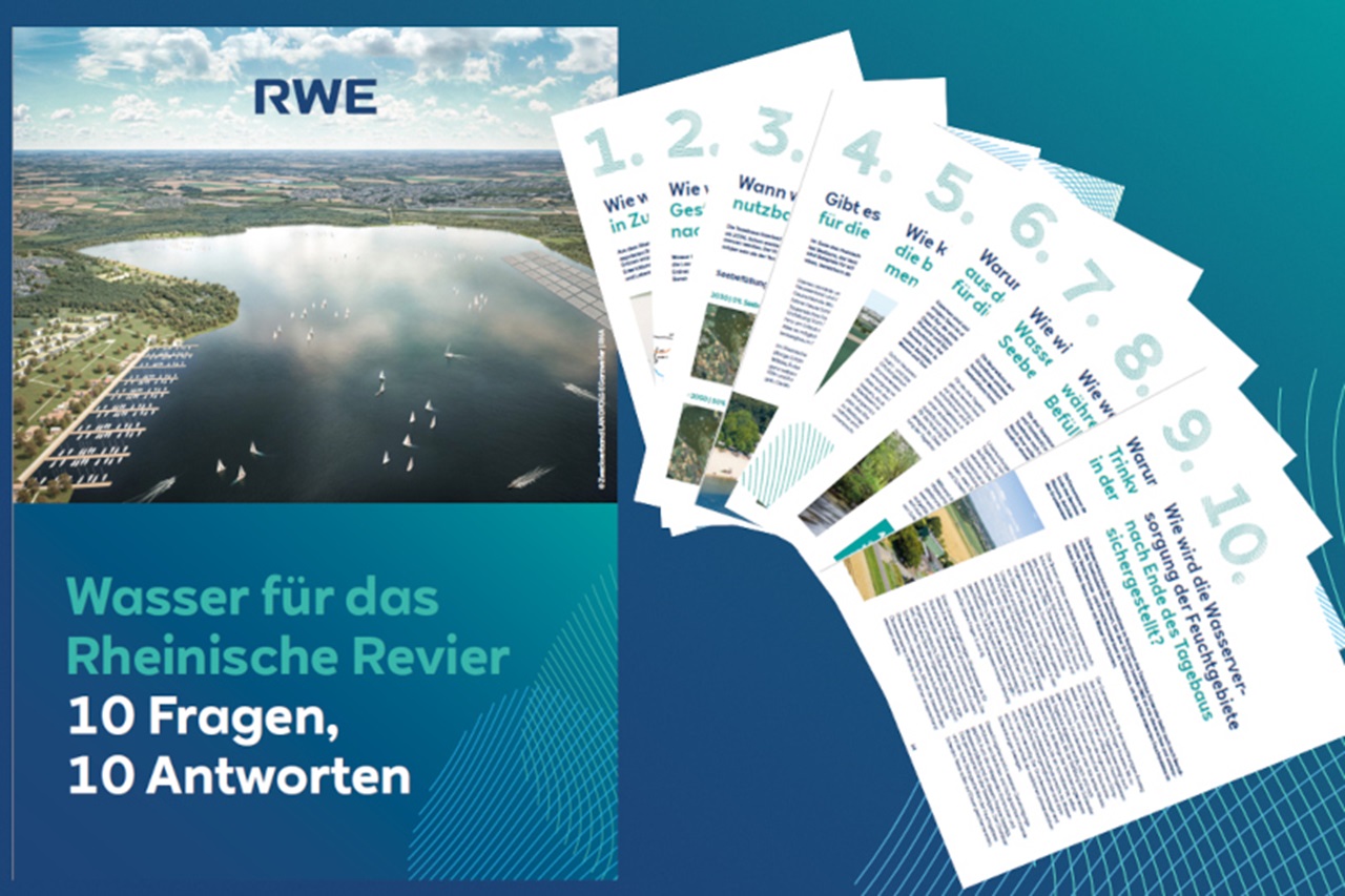 Ein Luftbild des Rheins mit Segelbooten, umgeben von grünen Ufern, mit aufgestapelten Informationsblättern über Wasserfragen.
