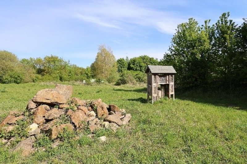 Im Vordergrund liegt ein lockerer Steinhaufen aus braunen und grauen Felsen, dahinter steht eine verwitterte Holzplattform auf Pfosten in einer grünen Wiese unter blauem Himmel.
