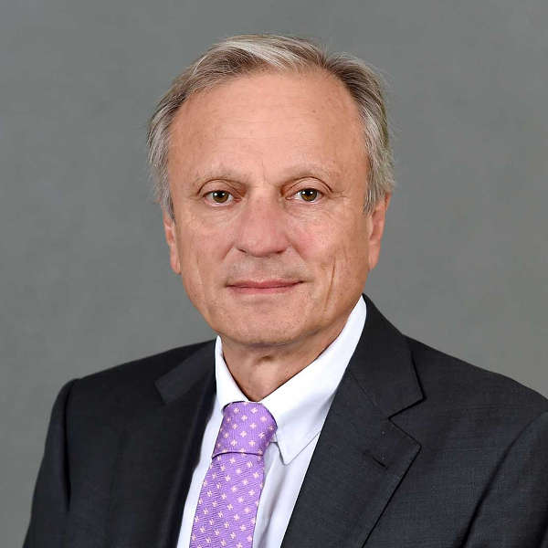 A man in a dark suit with a purple tie and white shirt against a grey background, portrait of Dr. Werner Brandt.