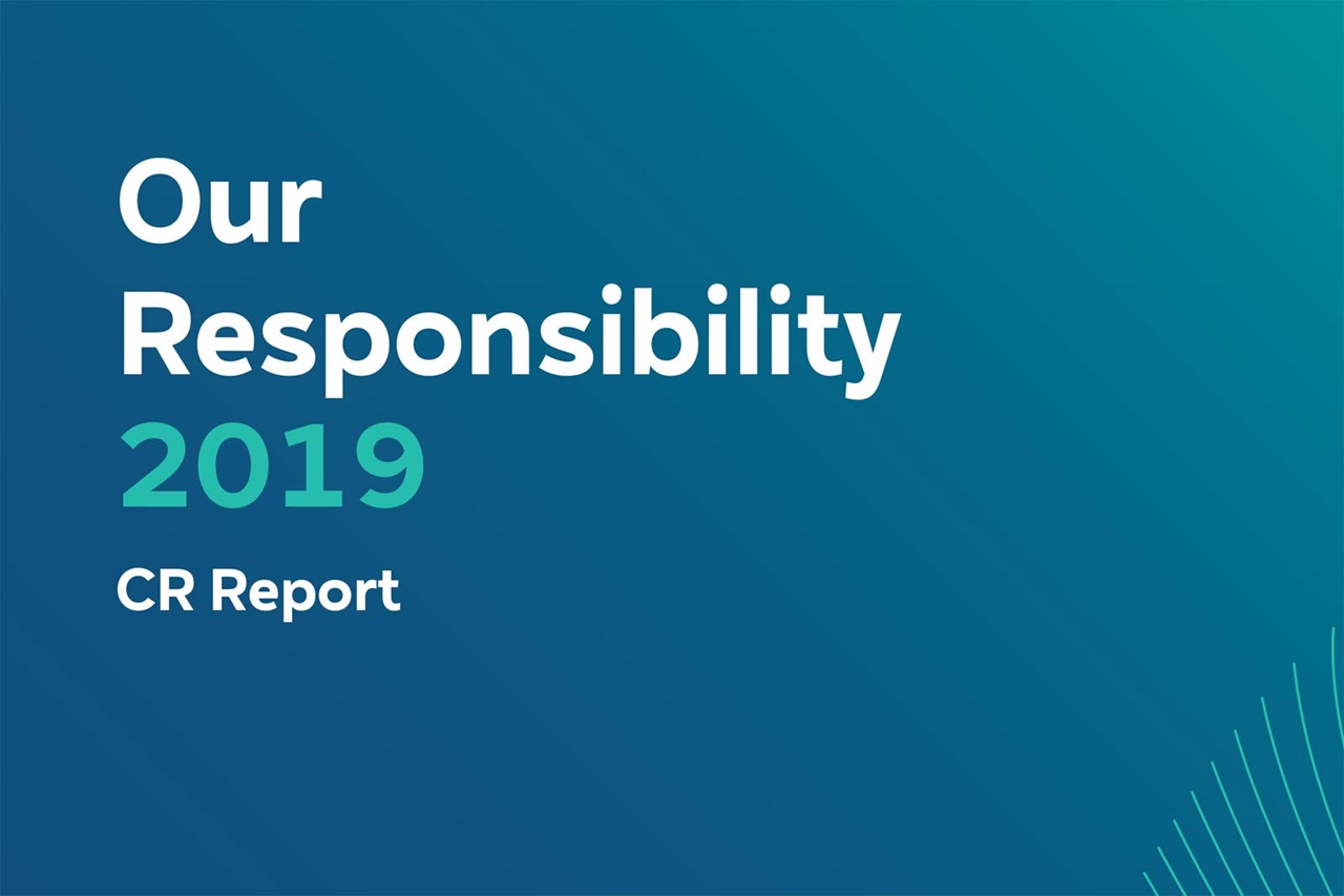 Cover of the CR Report 2019 titled 'Our Responsibility' against a gradient blue background.