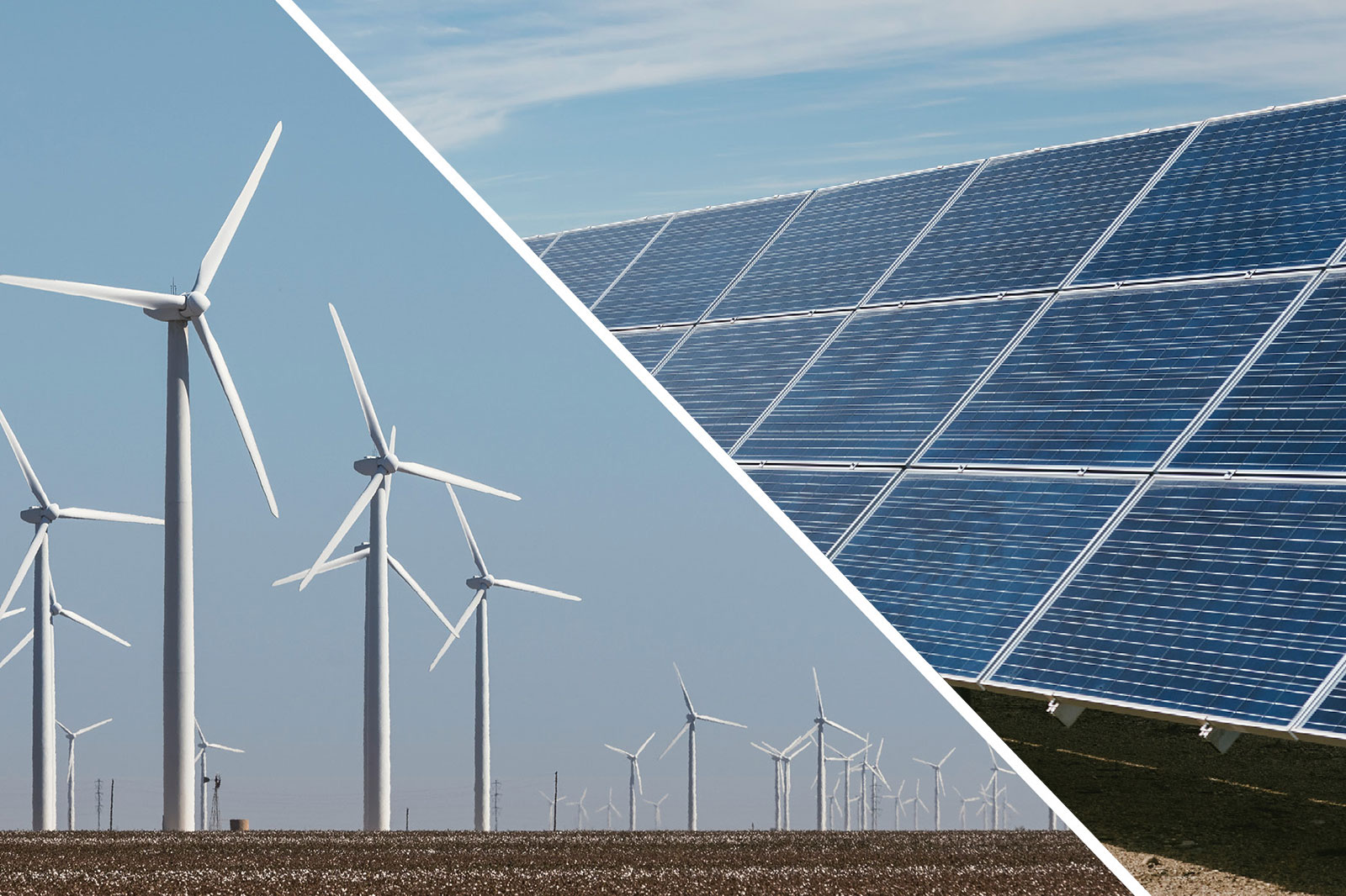 The image shows wind turbines on the left and solar panels on the right, reflecting sunlight under a blue sky.