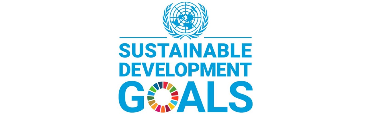 UN logo with the text Sustainable Development Goals and colourful symbols below.