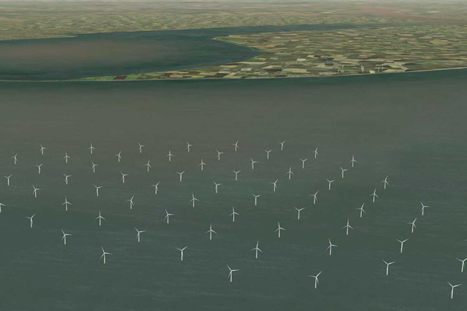 An offshore wind farm with numerous turbines in the water, surrounded by green fields and rolling landscapes in the background.