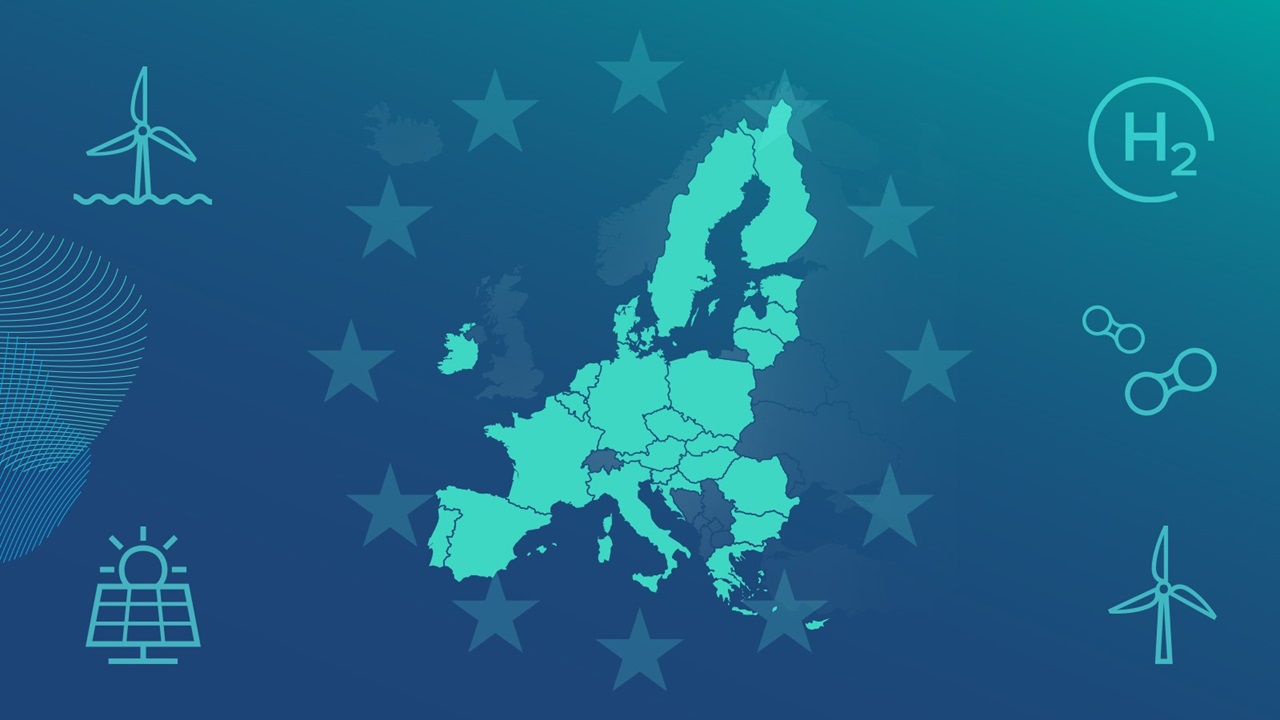 A stylised map of Europe featuring icons for wind and solar energy, alongside hydrogen technology.
