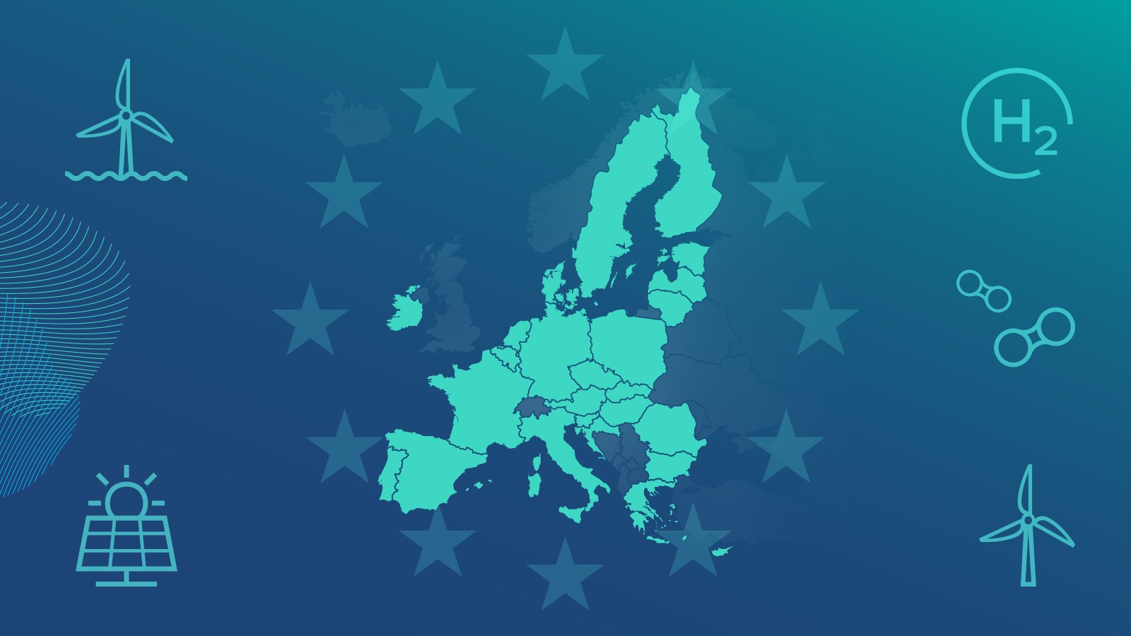 Eine stilisierte Karte von Europa mit Symbolen für Wind- und Solarenergie sowie Wasserstofftechnologie.