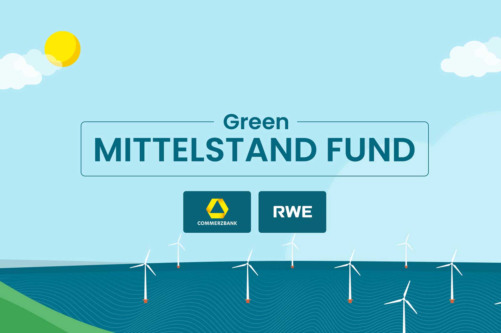A graphic featuring the Green Mittelstand Fund, with logos of Commerzbank and RWE, and wind turbines in a blue ocean landscape.