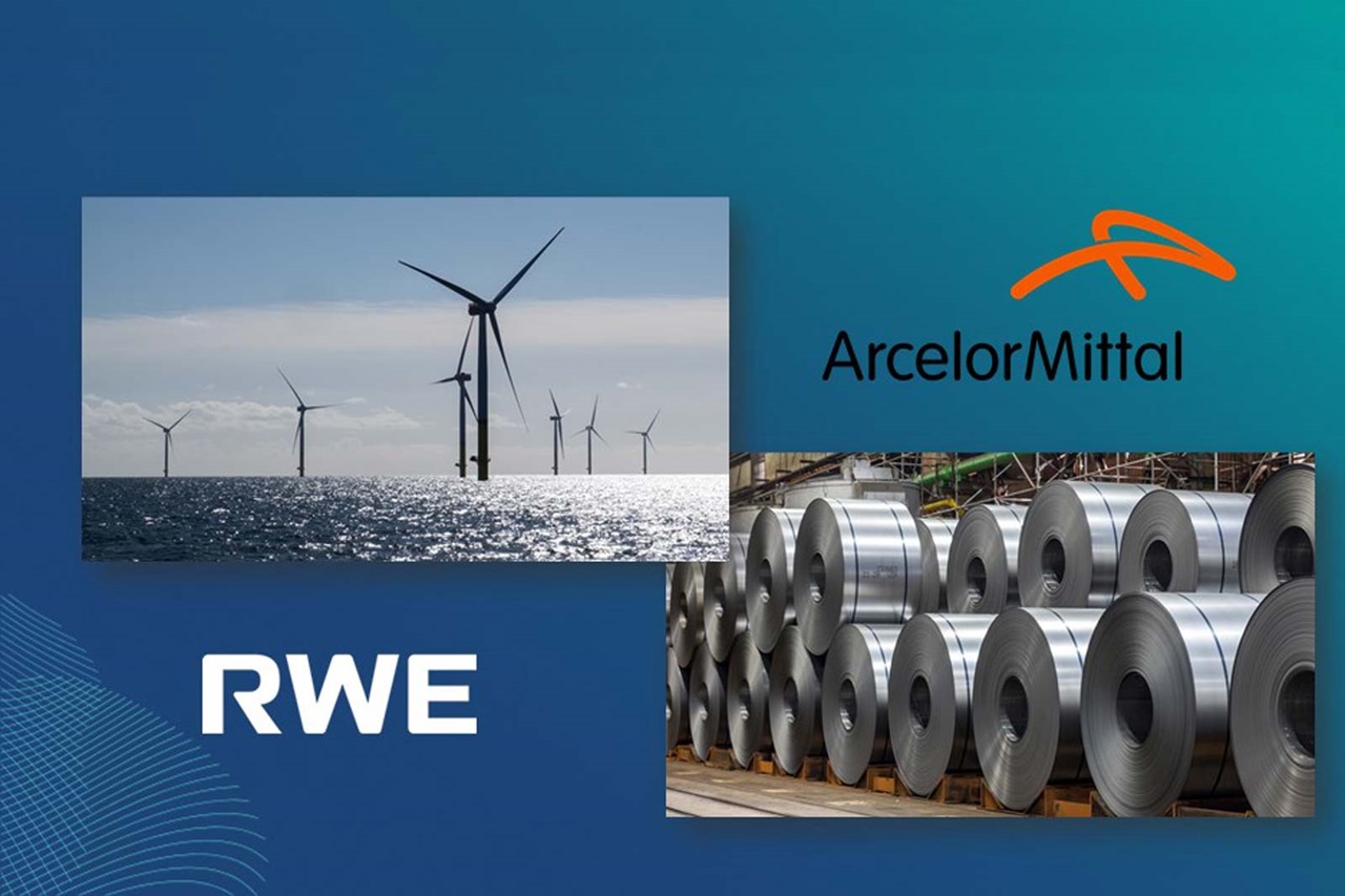 Windkraftanlagen auf dem Wasser, RWE-Logo und Stahlschrottrollen von ArcelorMittal in einem grafischen Layout.