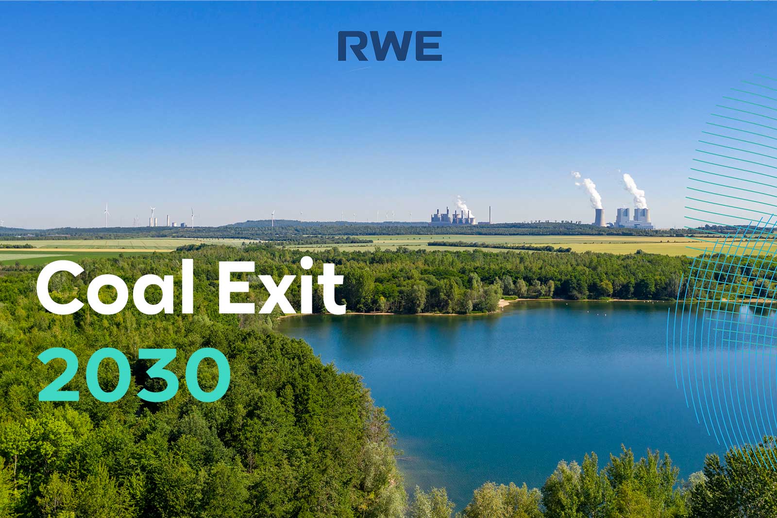 A landscape image featuring a serene lake surrounded by trees, with power plants and wind turbines in the background. RWE Coal Exit 2030.