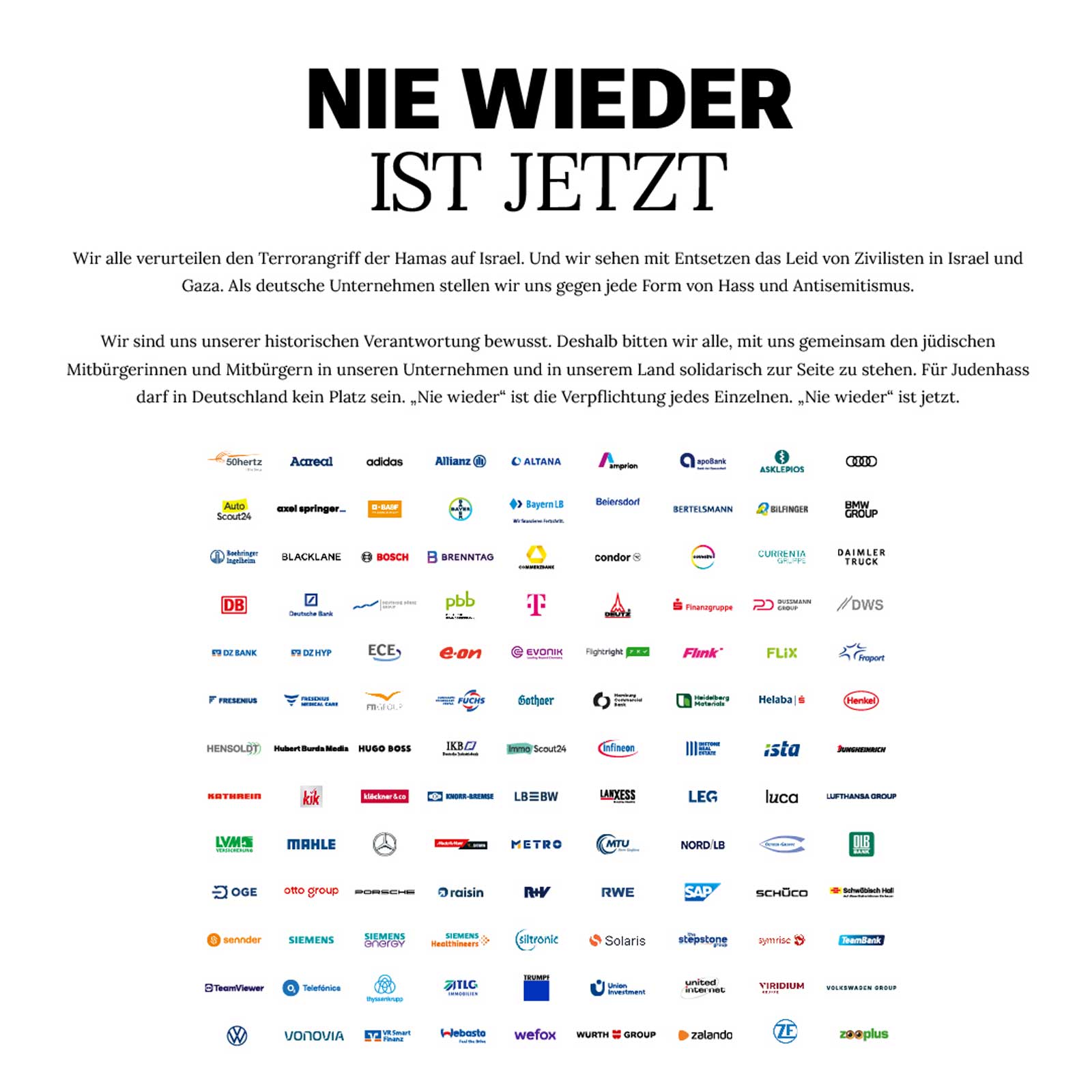 Eine solidarische Botschaft von deutschen Unternehmen gegen Antisemitismus, mit Logos von Partnerunternehmen.