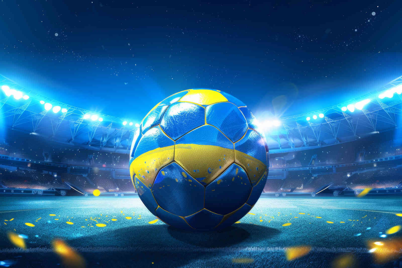 Ein lebendiger Fußball mit blauen und gelben Feldern auf einem gut beleuchteten Fußballplatz im Stadion.