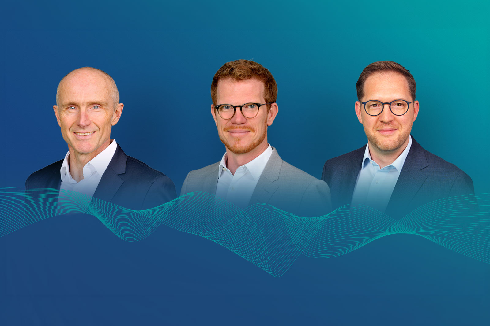 Three men in business attire stand shoulder-high against a teal-to-blue gradient; two wear glasses, all smile above a translucent aqua waveform graphic.