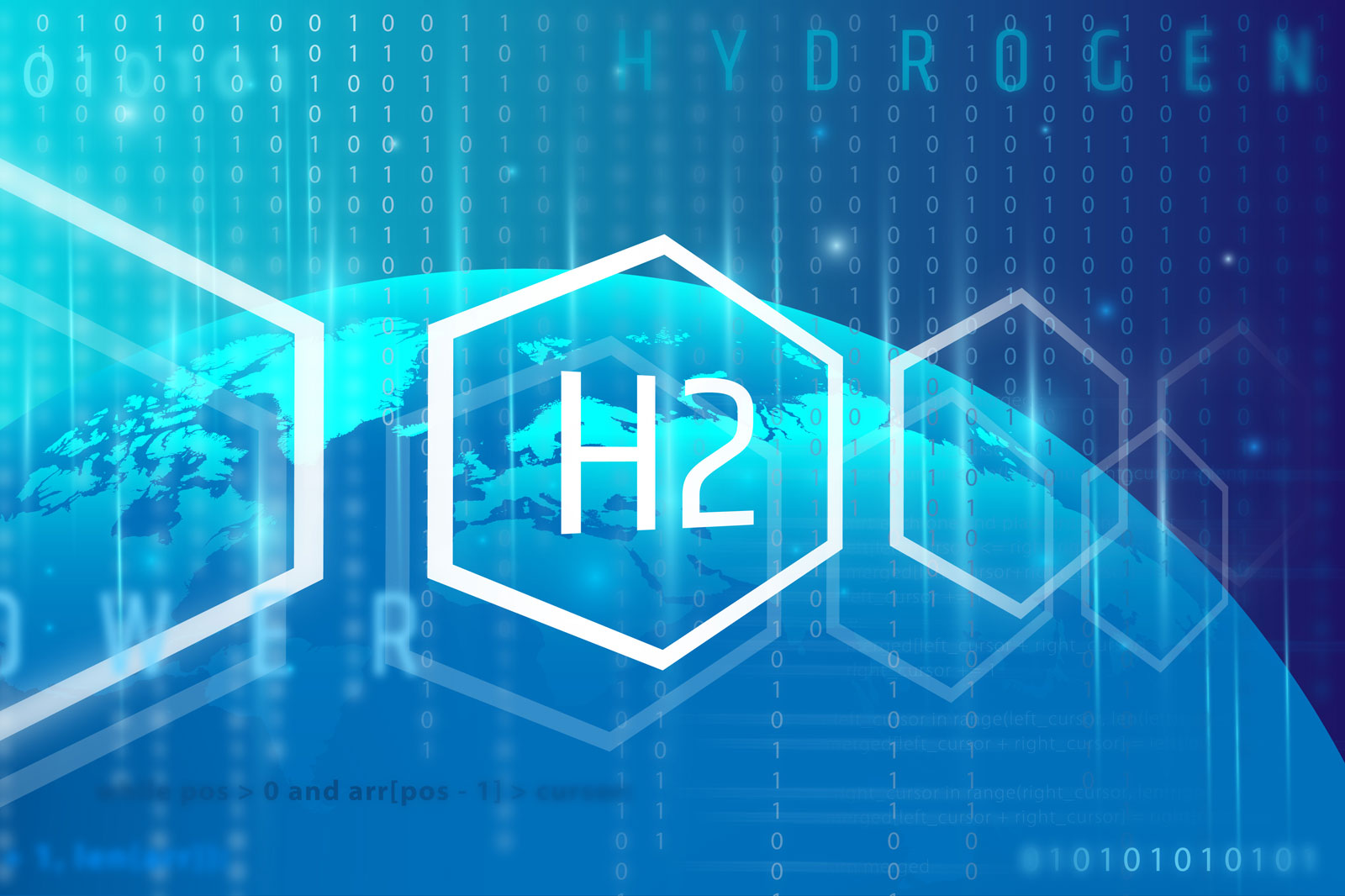 A digital representation of hydrogen (H2) with a world map and binary numbers in the background.