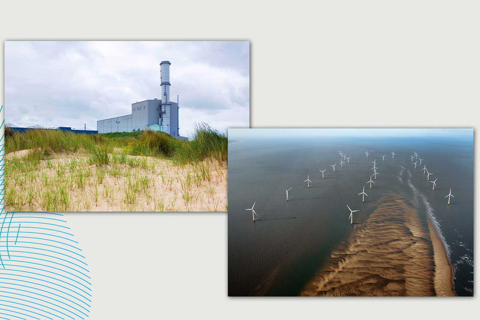 A power plant beside sandy dunes on the left, with offshore wind turbines in the sea on the right.