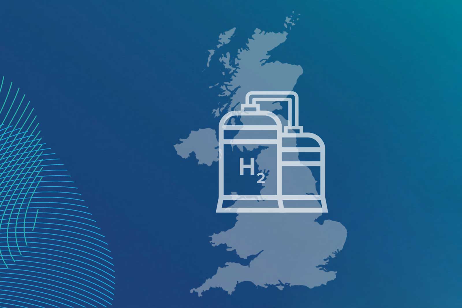 The image displays a stylised representation of hydrogen tanks over a map of the United Kingdom.