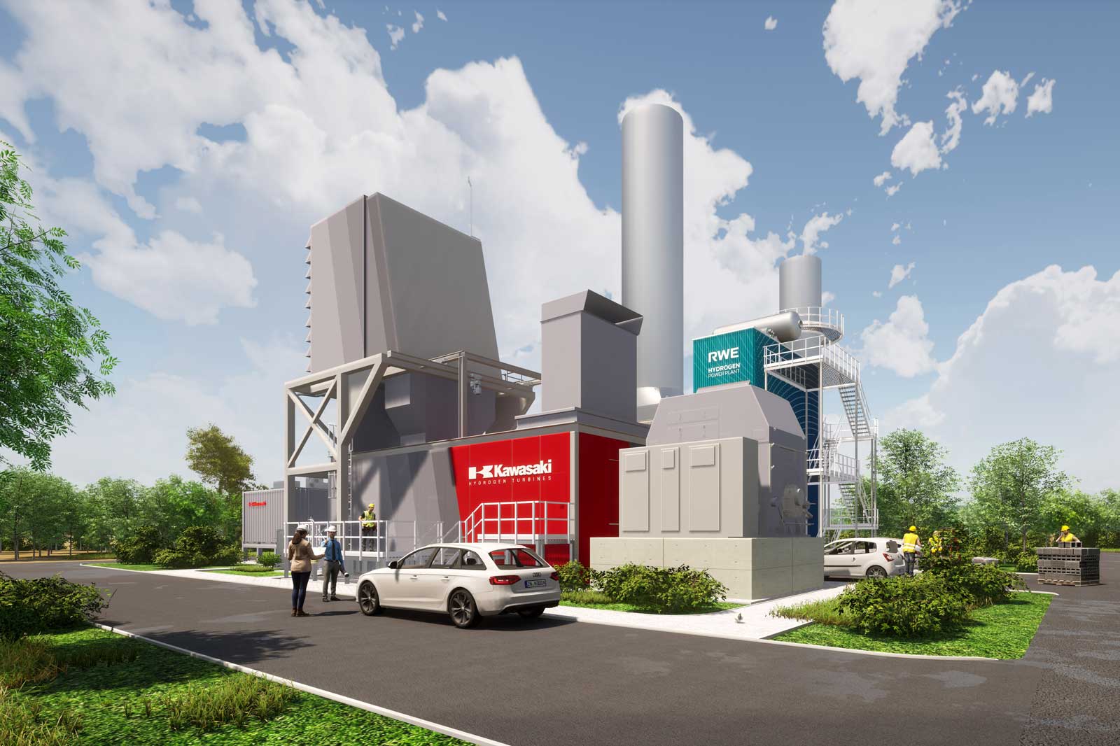 Modern hydrogen facility with green trees, workers, and cars under a clear sky.
