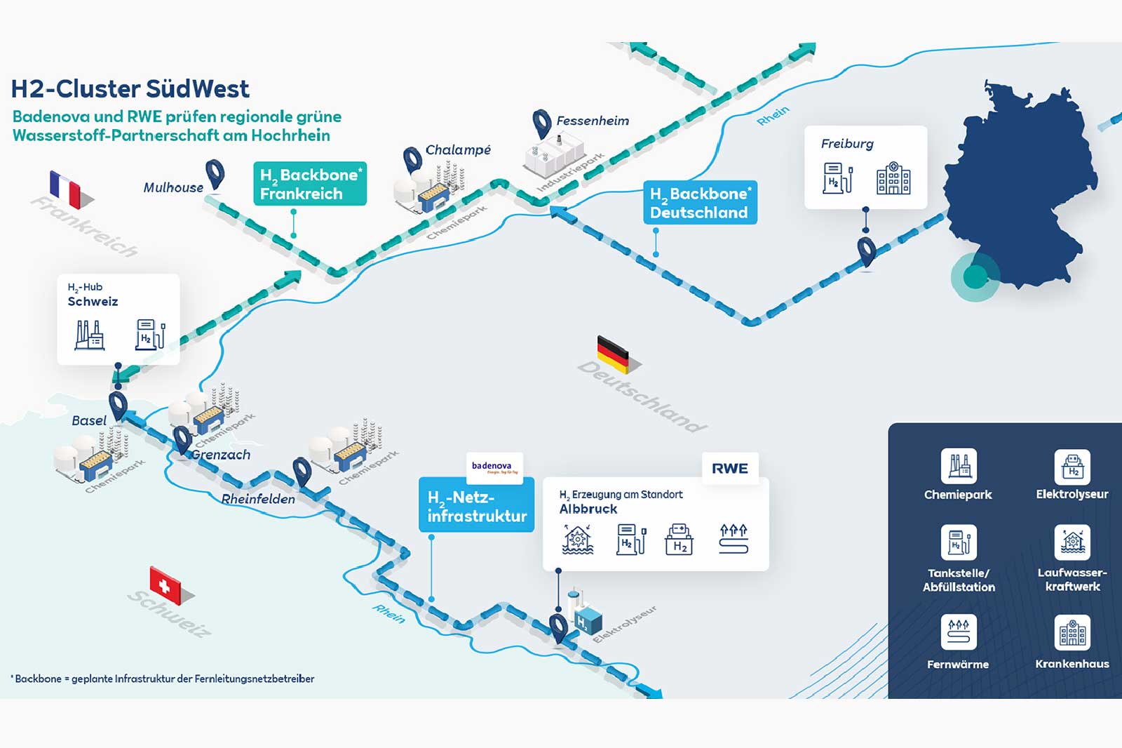 Karte des H2-Clusters SüdWest, die Wasserstoffinfrastruktur und Partnerschaften in der Region Hochrhein zeigt.