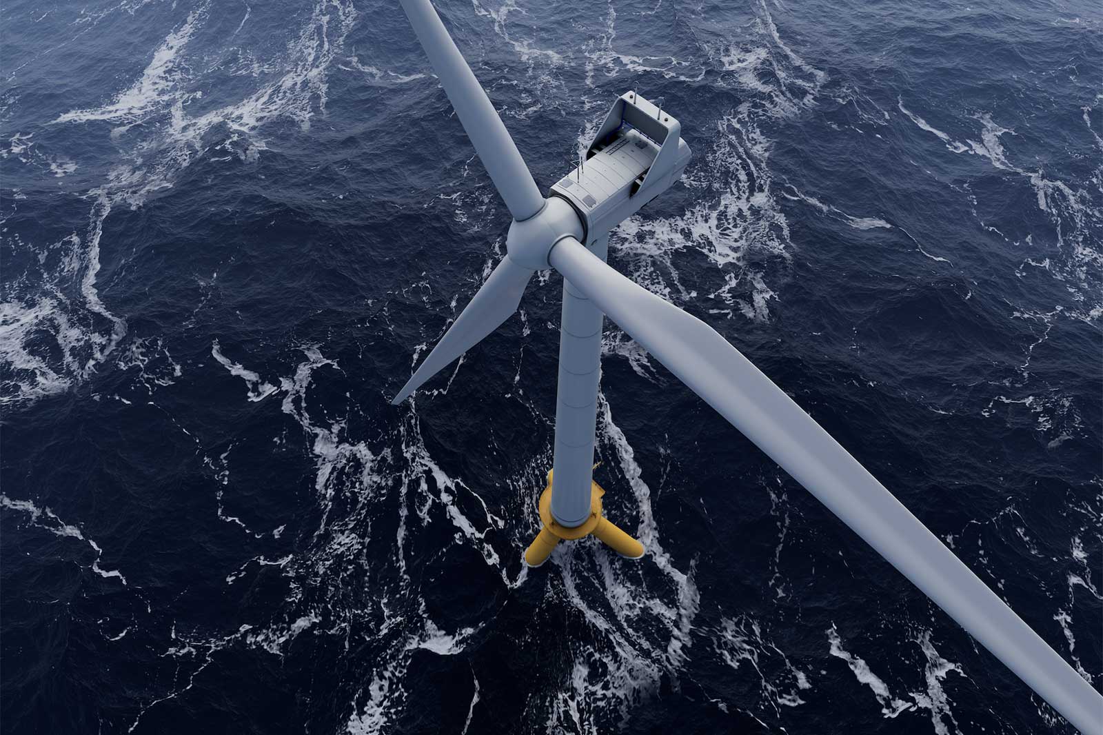 An aerial view of a wind turbine above dark blue ocean waters, with white frothy waves surrounding its base.