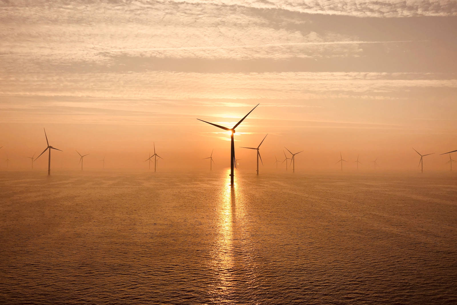 A tranquil seascape at sunset featuring multiple wind turbines silhouetted against the horizon, reflecting on the water.