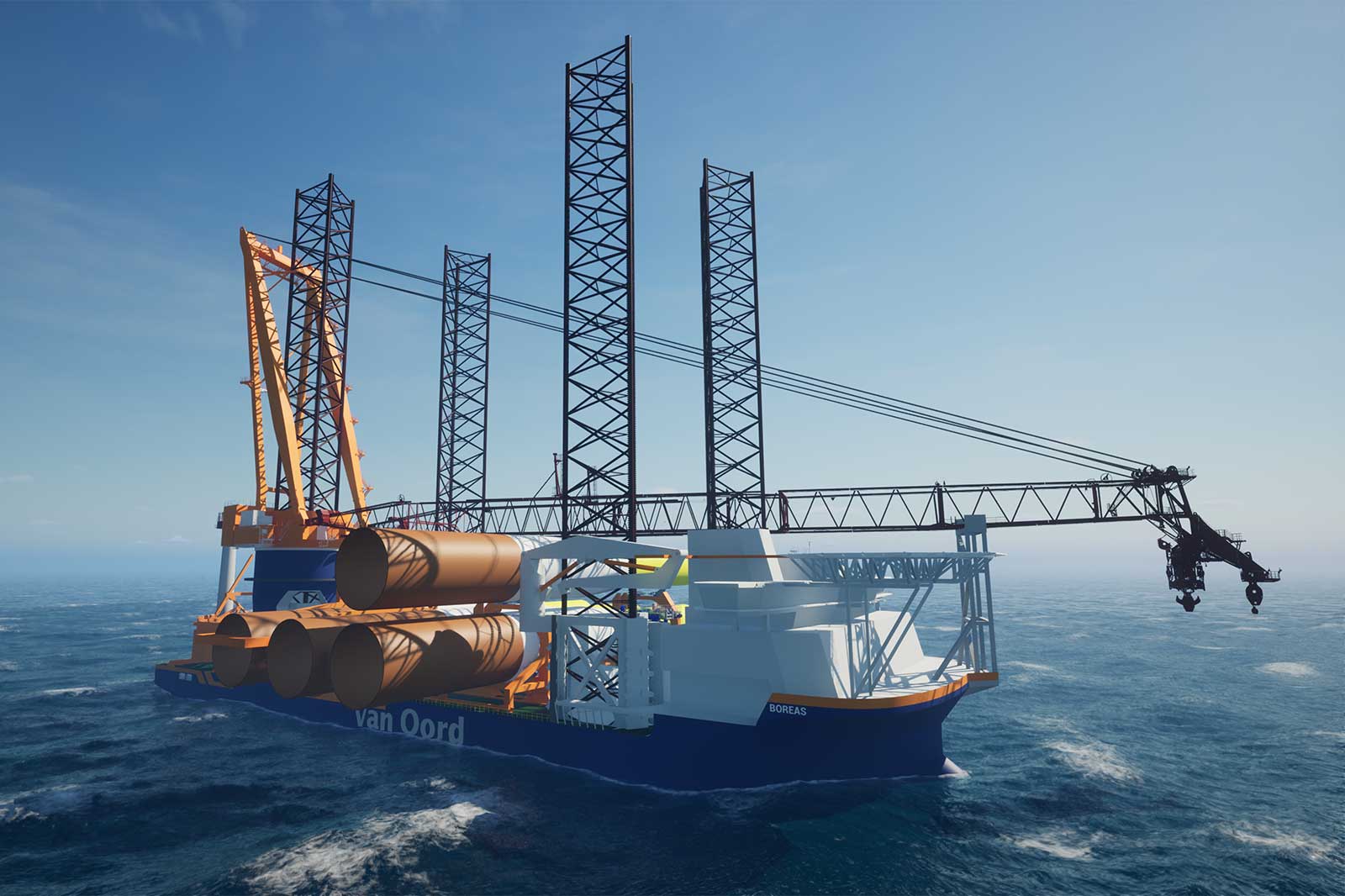 A large offshore vessel, with orange and black structures, equipped with pipes, navigating in calm waters under a clear blue sky.