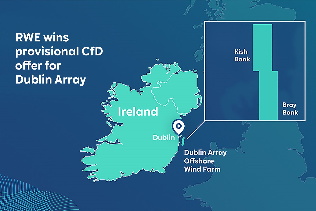 Map of Ireland highlighting the location of the Dublin Array offshore wind farm.