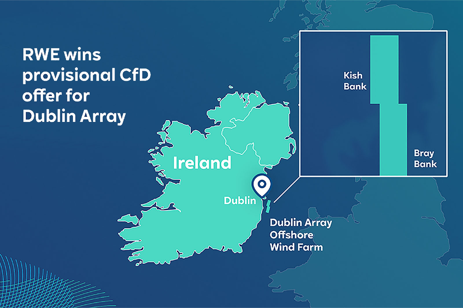 Map of Ireland highlighting the location of the Dublin Array offshore wind farm.